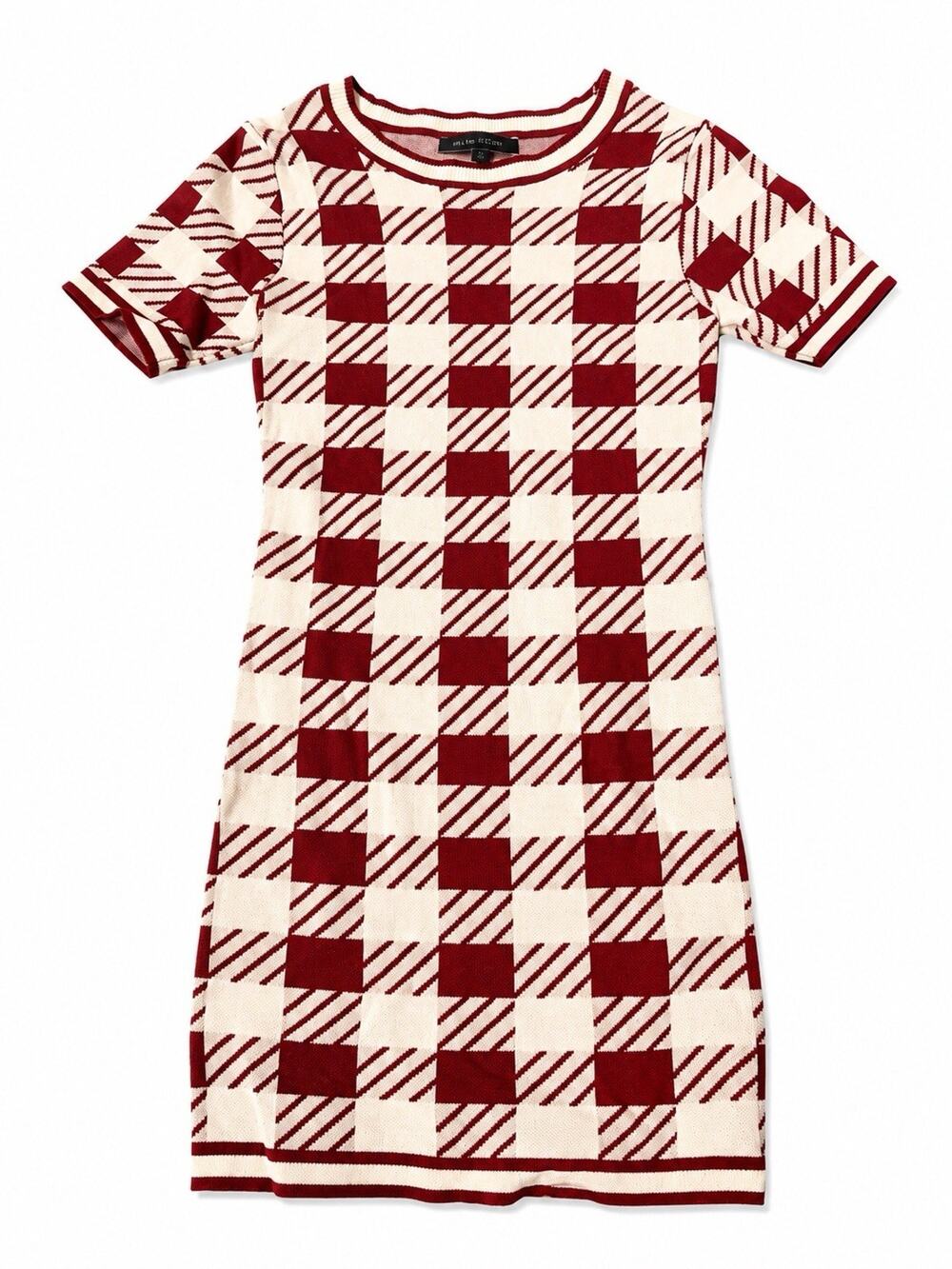 Blue Blush Women’s Medium Red Cream Plaid Knit Sweater Dress Short Sleeve